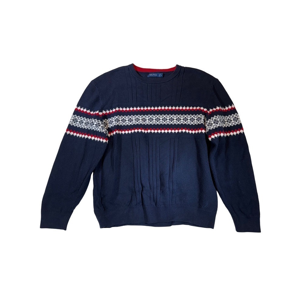 Nautica Men's Navy Blue Fair Isle Pattern Crewneck Sweater XL